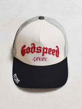 Godspeed Beige and Black Trucker Cap with Red Embroidered Logo